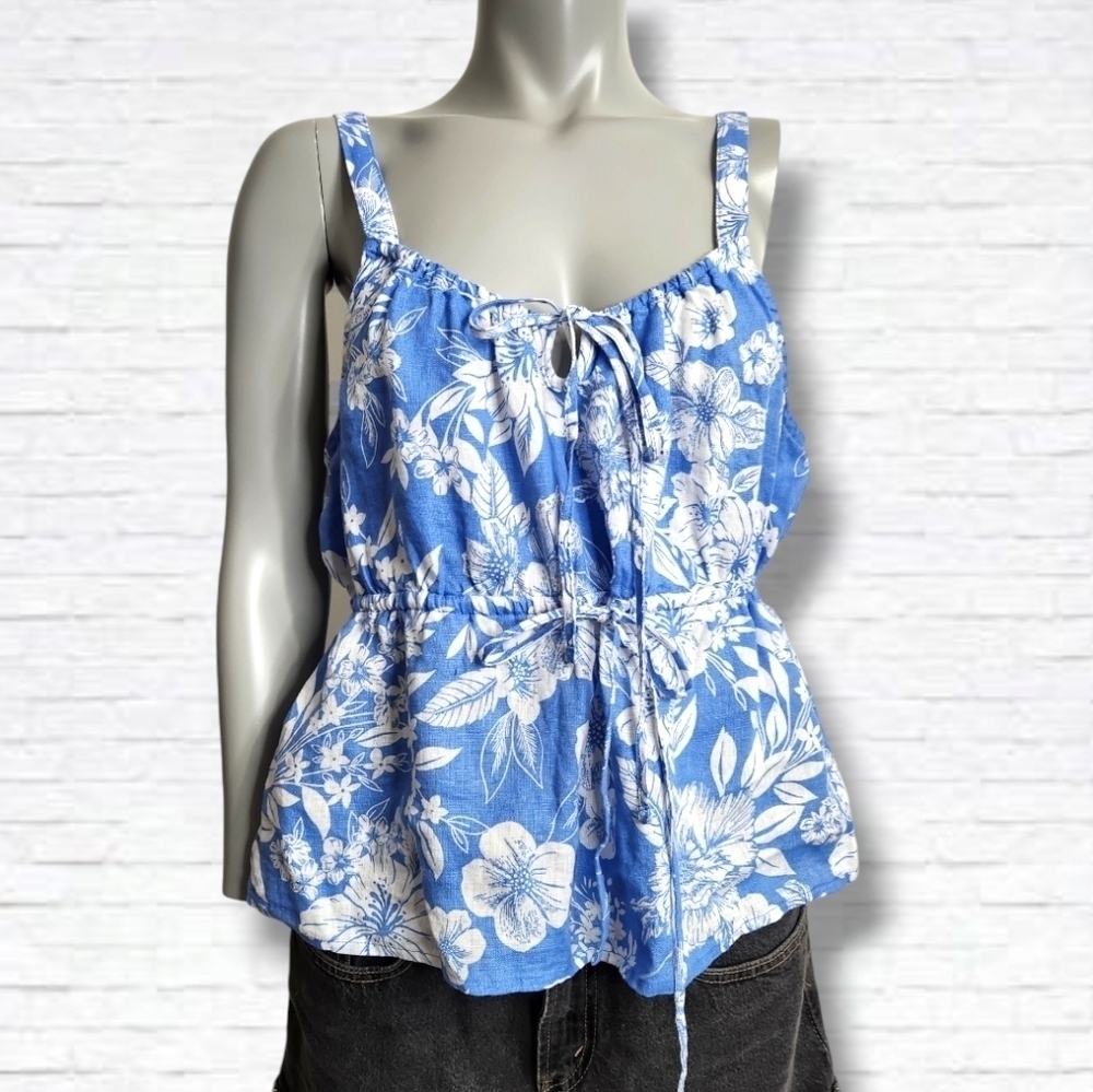 C&C California Flower Print Blue Linen Peplum Waist Tank Top Size XL NWT